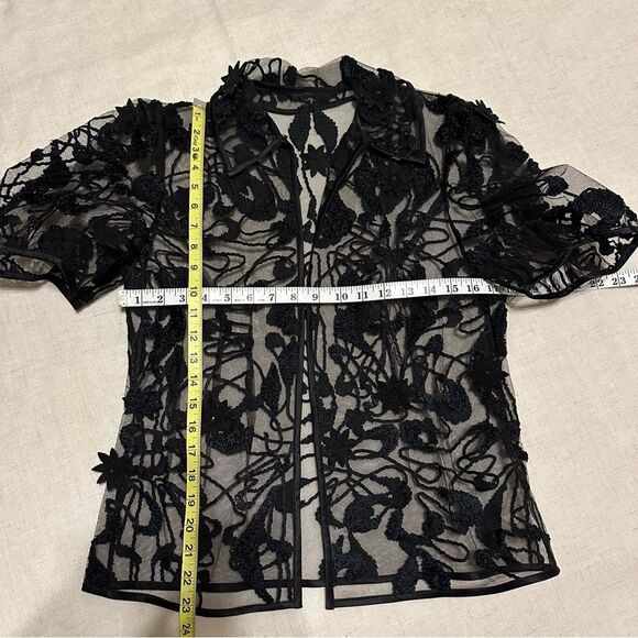 Black Sheer Mesh 3D Floral Embroidered Top Puff Sleeve Whimsigoth Witchy - Picture 8 of 10